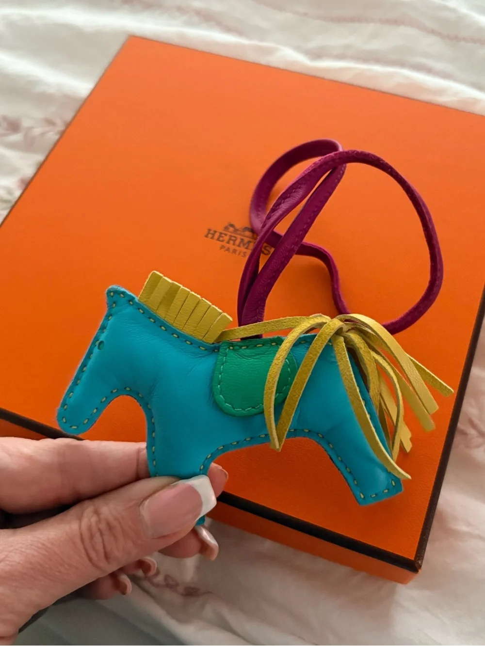 Hermes Blue Leather Horse Charm with Pink Strap and Yellow Mane